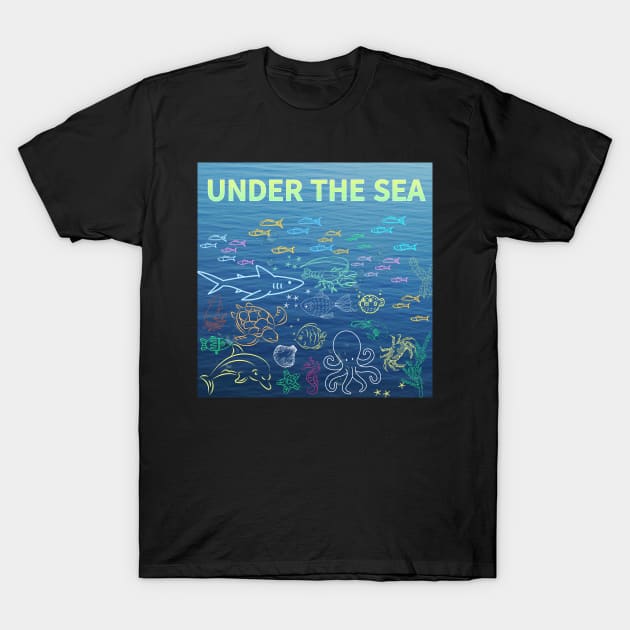 under the sea,blue sea,sea creatures,Turtle, puffer fish, starfish, shrimp, shark, tropical fish, sea horse, seaweed, sardines, squid, crabs, clams T-Shirt by zzzozzo